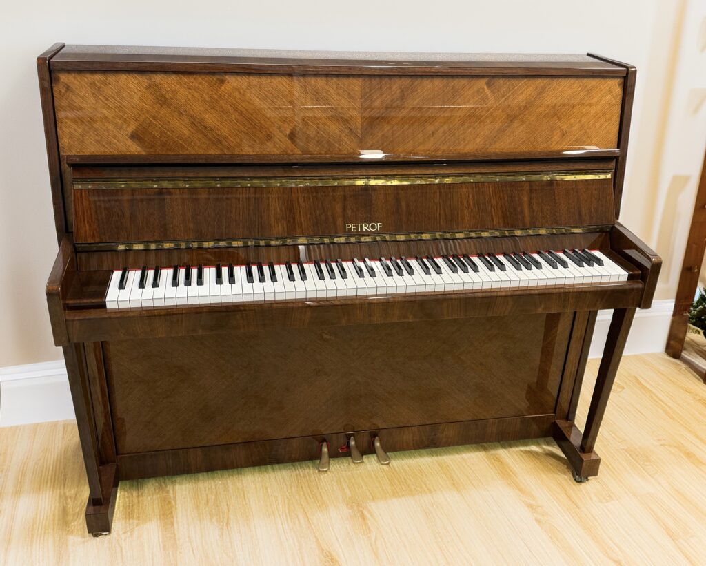 Petrof Upright Piano – Made in Czech Republic – Polished Walnut <span style="color:#8B0000;">(SOLD)</span>
